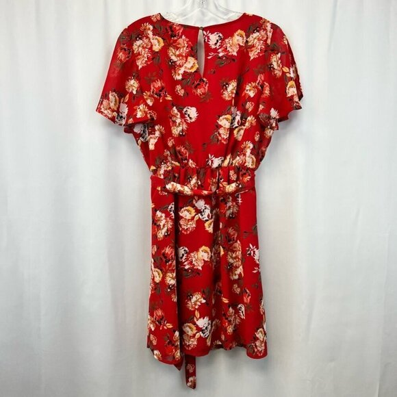 Maurices Womens A Line Dress Red Multicolor Floral Faux Wrap Short Sleeve S - Picture 3 of 10